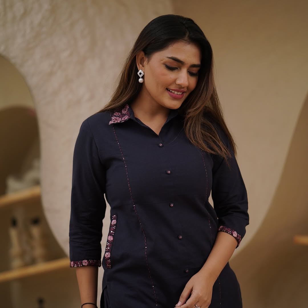 Premium Cotton A-Line Kurti Set(deep navy blue)