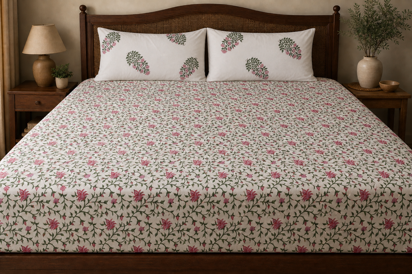 King Size Pink Floral Vine Handblock Print 100% Pure Percale Cotton Bedsheet Set