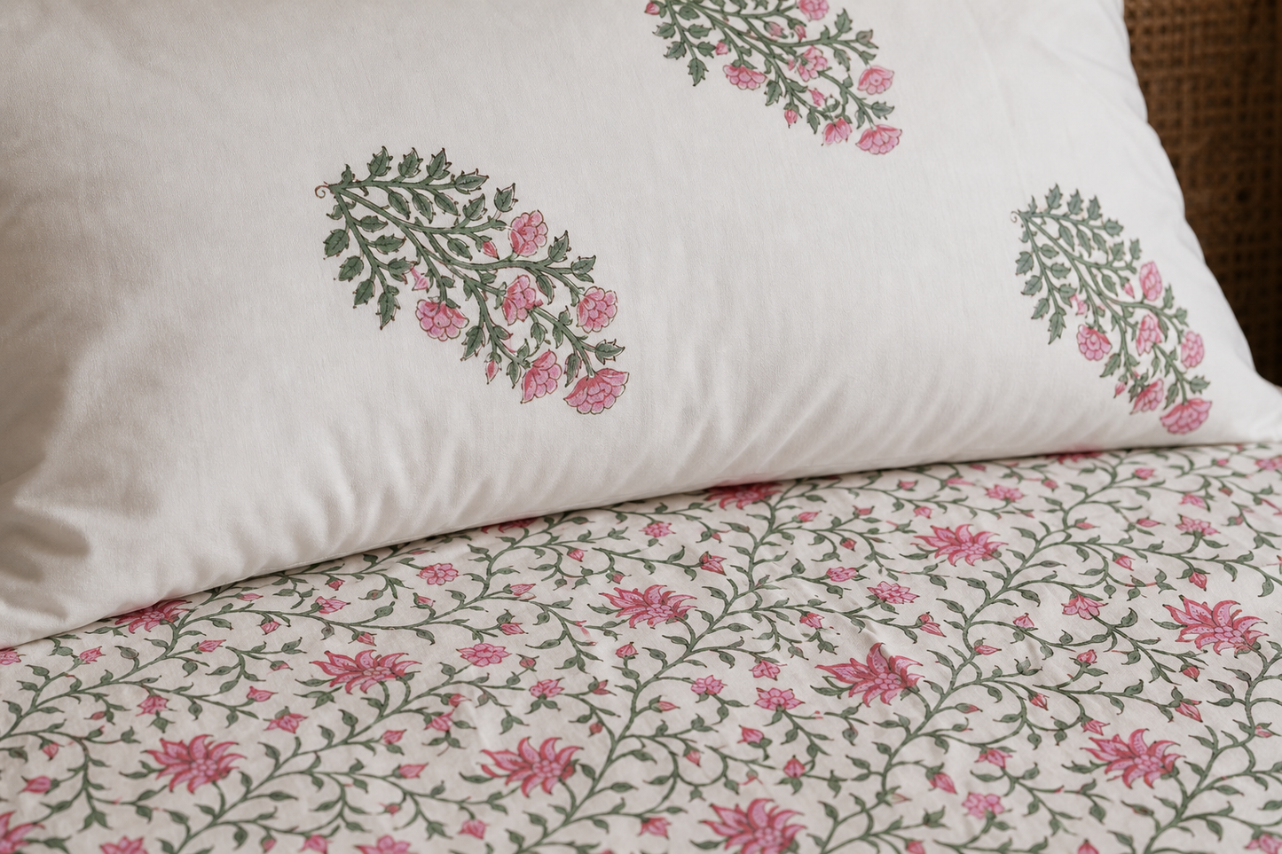 King Size Pink Floral Vine Handblock Print 100% Pure Percale Cotton Bedsheet Set