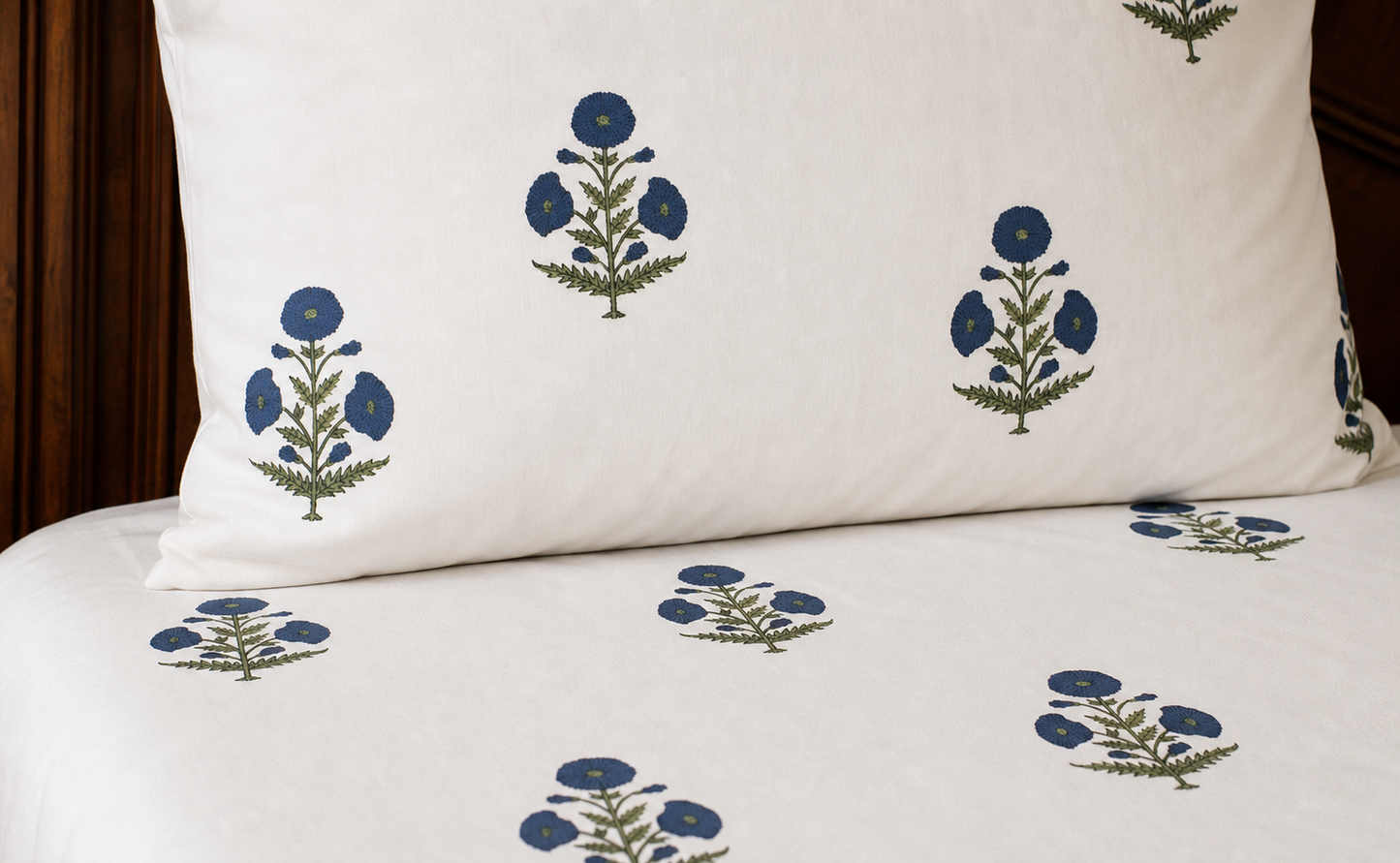 King Size Navy Floral Handblock Print 100% Pure Percale Cotton Bedsheet Set