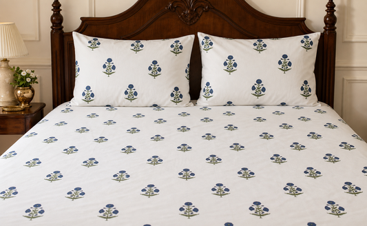 King Size Navy Floral Handblock Print 100% Pure Percale Cotton Bedsheet Set