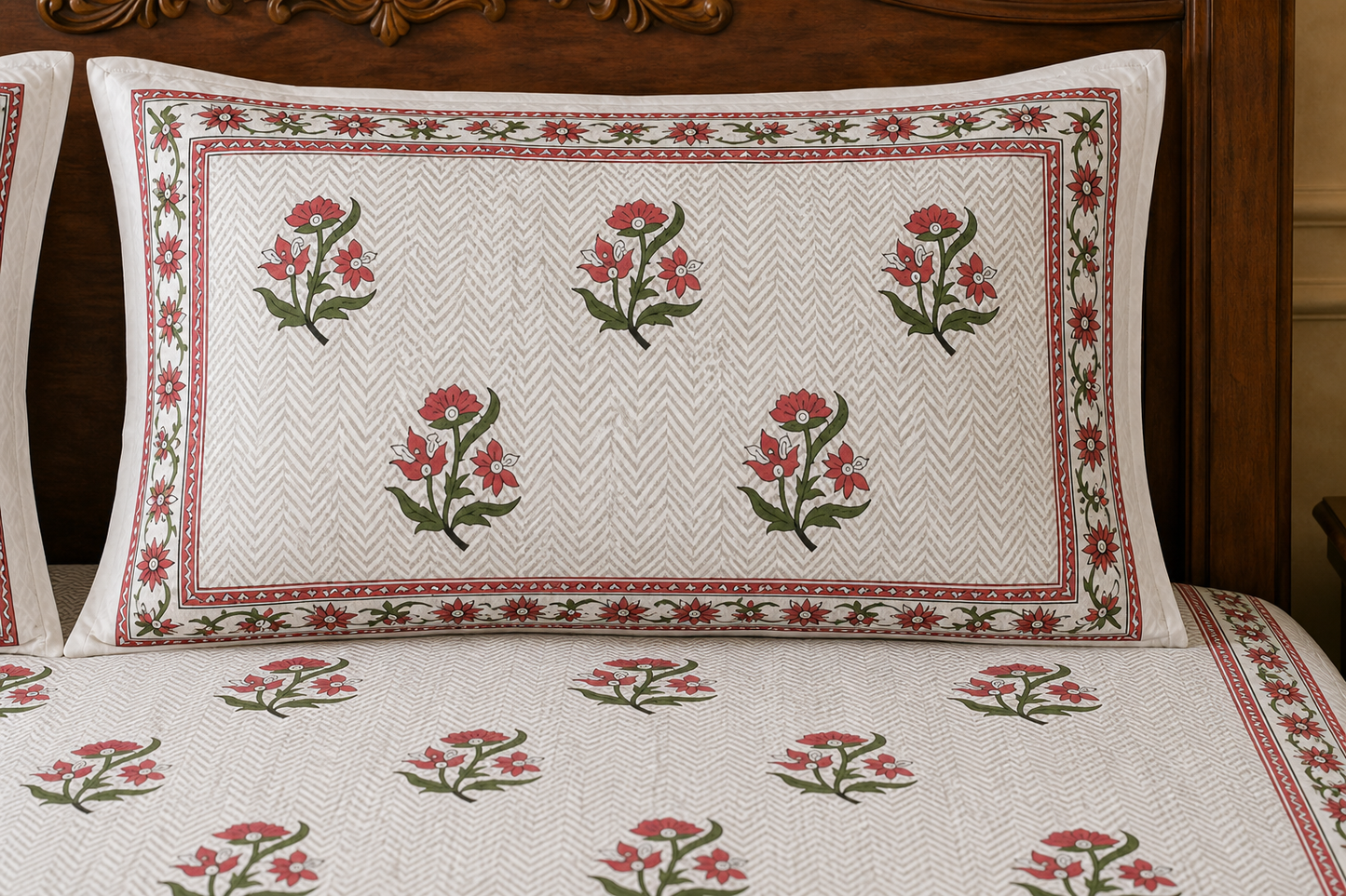 King Size Red Floral Chevron Handblock Print 100% Pure Percale Cotton Bedsheet Set