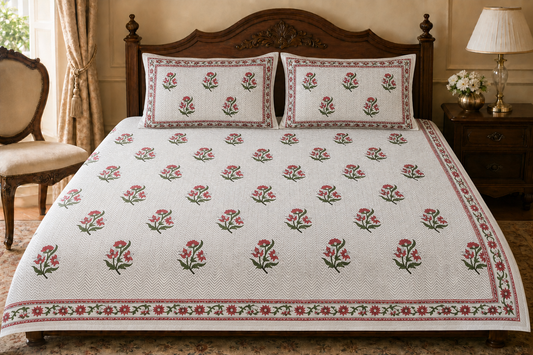 King Size Red Floral Chevron Handblock Print 100% Pure Percale Cotton Bedsheet Set