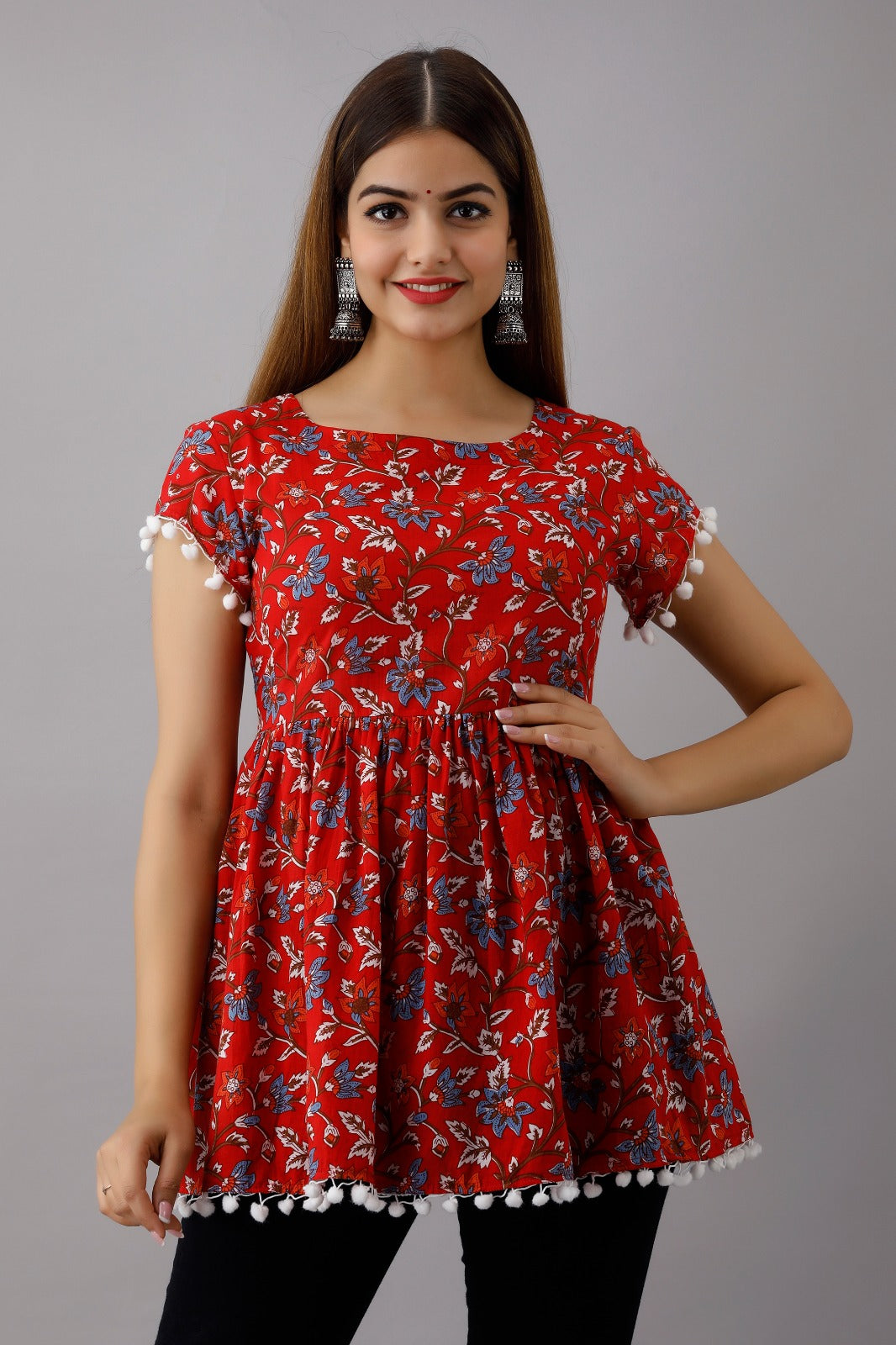 COTTON RED & WHITE PRINTED TOP