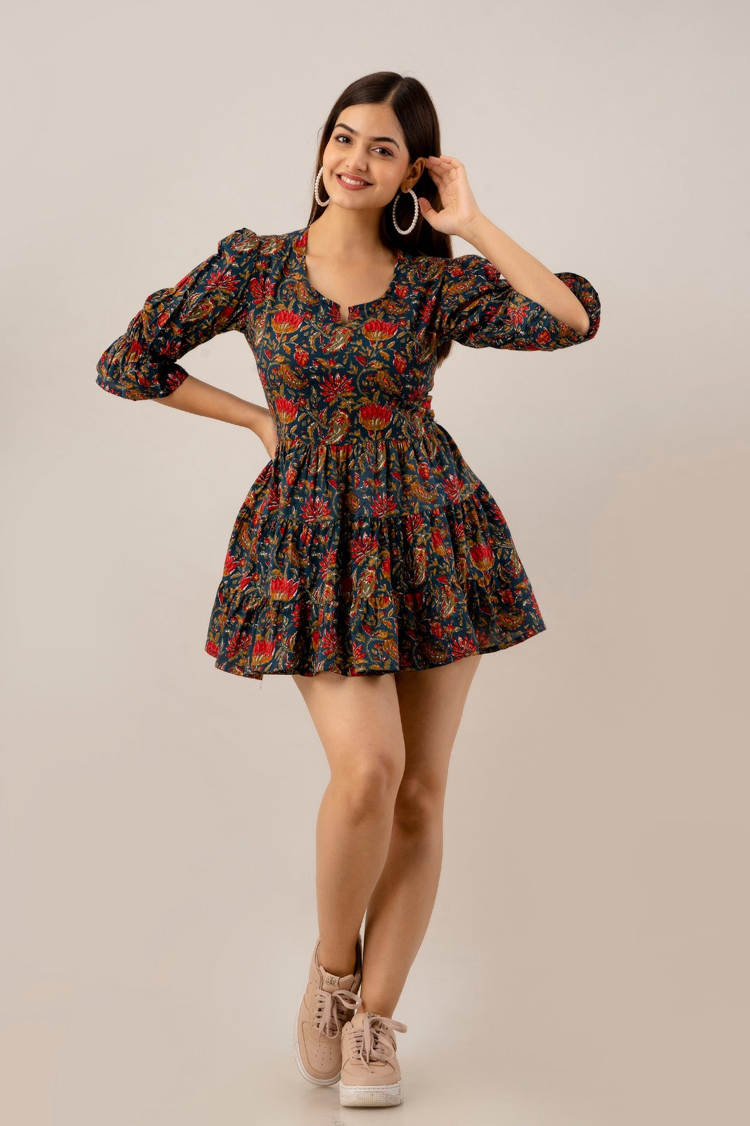 COTTON DARK GREEN & RED PRINTED FROCK (TMR006)