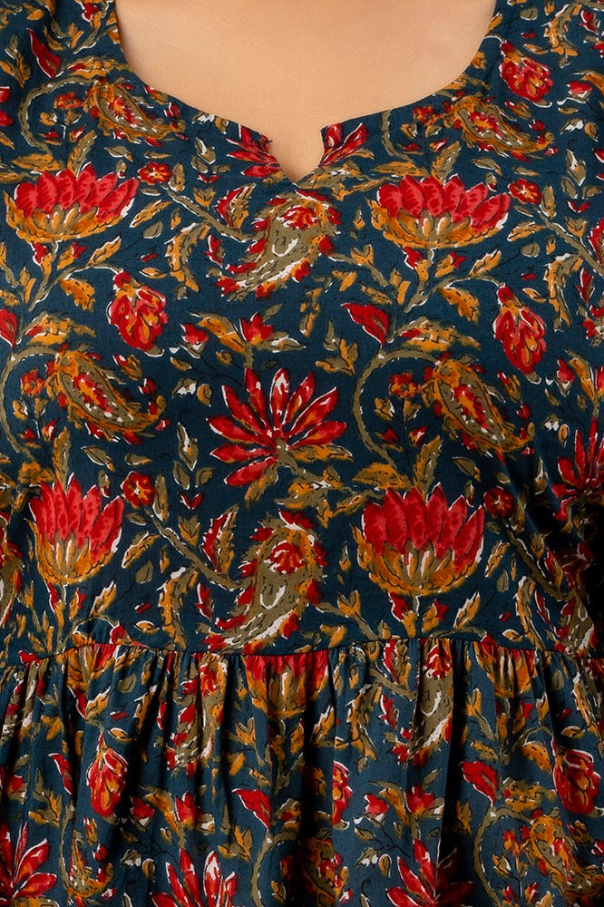 COTTON DARK GREEN & RED PRINTED FROCK (TMR006)