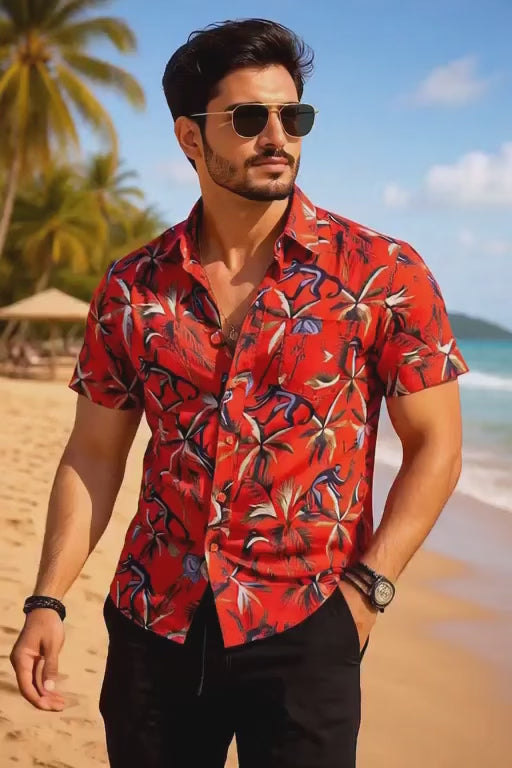 Red Jungle Print Shirt – Premium Cotton